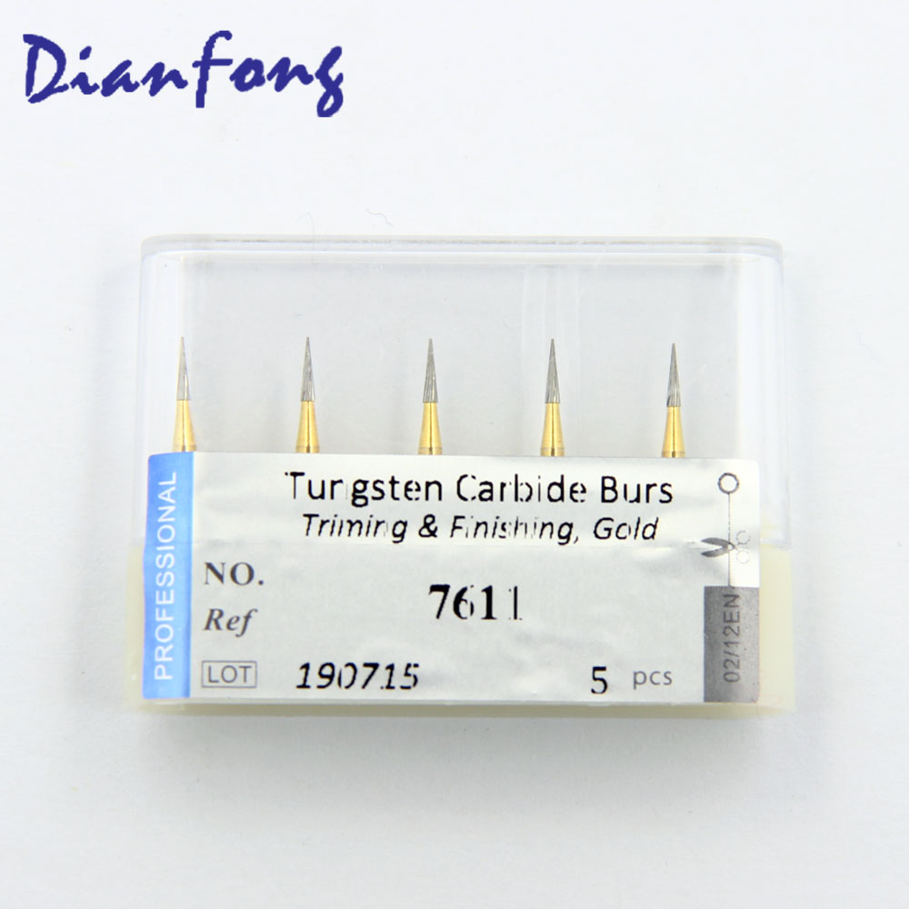 7611 Taper Pointed 10 head FG Trimming and Finishing Gold Tungsten Carbide Bur 12 Blade